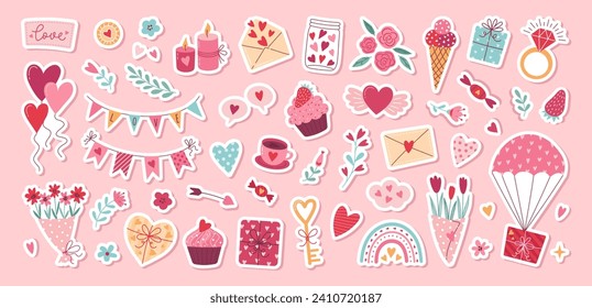 Colocación de stickers vectoriales del día de San Valentín. Regalo, corazón, globo, sobre, postre, ramos florales, dulces y otros adornos tradicionales. Estilo de caricatura. Perfecto para carteles y tarjetas de felicitación.