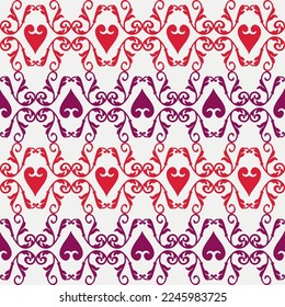 Valentines day vector striped seamless white pattern with pink hearts and vintage curls