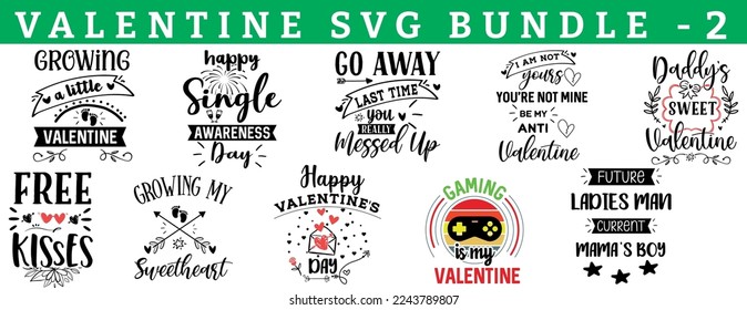 Paquete SVG del Vector de San Valentín. Cita y dichos para tarjetas de San Valentín e impresiones. Lo mejor para camisetas, taza, almohada, fondo, pancarta, afiche. pequeño, soltero, anti, papá, beso, feliz, juego