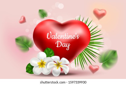 Valentine's Day. Vector sweet and cute pink background with realistic 3D red haeart and exotic leaves and flower frangipani. Banner for the site or postcards. Place for text