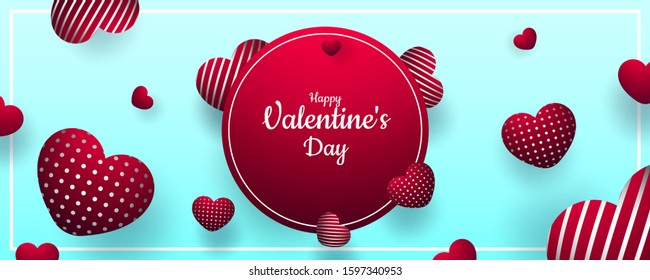 Valentine's Day. Vector sweet and cute blue background with realistic 3D red haearts. Banner for the site or postcards. Place for text