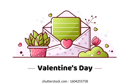Valentine's Day. Vector sweet illustration with mail letters and flower. Linear style. Banner, invitation, a postcard for a holiday of love, a wedding