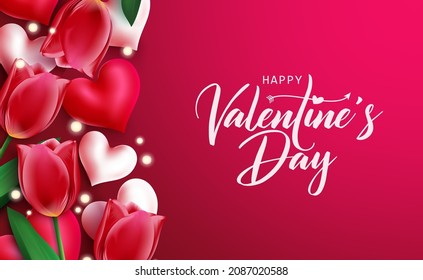 Valentine's day vector template design. Happy valentines typography text with tulips and hearts elements in red space for love celebration greeting card. Vector illustration.

