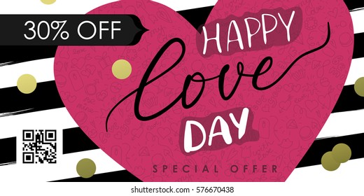 Valentines day vector template with hand drawn icon pattern. Special offer illustration. Can be used as flayer, invitation, poster, voucher or banner.