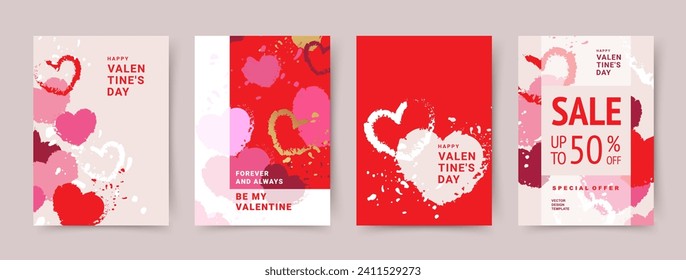 Plantillas vectoriales del Día de San Valentín para afiches, tarjetas de felicitación, portada, etiqueta, promoción, invitación, volante, banner, medios sociales. Fondo abstracto moderno con corazones rosados y rojos textualizados