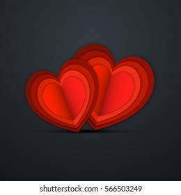 Valentine's Day Vector. Two Red Hearts on Dark Background