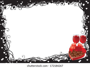 Valentine's day. Vector of two wineglasses with Red wine  and heart shaped box of chocolates candy on ornate border