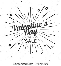 Valentines Day vector vintage illustration. Sign with firework explosion. Stamp textured label with light rays and the percent sign. Valentines Day ornament. Romantic holiday sign. Decoration element.