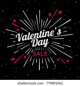 Valentines Day vector vintage illustration. Sign with firework explosion. Stamp textured label with light rays and the percent sign. Valentines Day ornament. Romantic holiday sign. Decoration element.