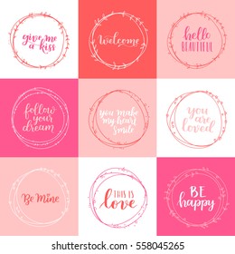 Valentines Day vector wreath greeting card set. Romantic floral design for your inspiration. Red and rose hand drawn lettering about love and motivation. Illustration collection.