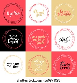 Valentines Day vector wreath greeting card set. Romantic floral design for your inspiration. Red, gold and black hand drawn lettering about love and motivation. Illustration collection.