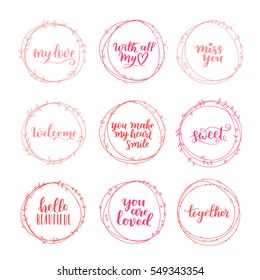 Valentines Day vector wreath set. Romantic floral design for your inspiration. Rose pink and peachy ink hand drawn lettering about love and motivation on white isolated background.