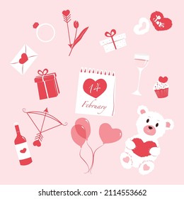 Valentine's day vectors on pink background. Love letters and heart shaped arrows. Teddy bear and gifts.