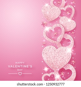 Valentines Day vertical background with shining pink hearts and confetti. Holiday card illustration on pink background. Sparkling pink hearts with glitter texture
