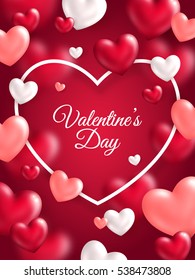 Valentines day vertical banner with 3d white, red and pink hearts. Vector illustration.