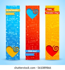 Valentines day vertical banners with colorful hearts ribbons on blue red orange icons background isolated vector illustration