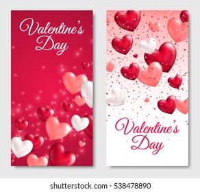 Valentines Day Vertical Banners. Glossy Hearts on White and Red Background. Vector illustration. Lights and sparkles, confetti