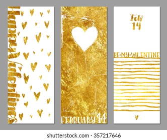 Valentine's Day vertical banners with hearts and gold foil texture on white, abstract, whimsical, hand drawn backgrounds and elements