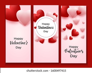 Valentine's Day vertical banners set with pink and red hearts. Vector illustration for greeting cards, gift, wallpaper, flyers, invitation, posters, brochure, voucher, banners.