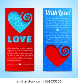 Valentines day vertical banners with text colorful cut hearts on blue red icons background isolated vector illustration