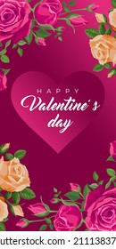 Banderas verticales del día de San Valentín. Ilustración vectorial, antecedentes para el día de San Valentín, tarjetas, historia con corazones. Marco con rosas rosas rosas rosas, concepto de decoración para Feliz Día de San Valentín. Fondo rojo.