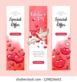 Valentine's day vertical banners with watercolor background. Hand drawn cartoon vector invitations with lettering. Cute doodle banners with hearts, doves and lips. Lettering and placeholder included.