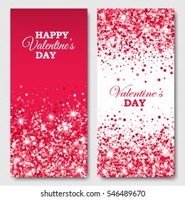 Valentines Day vertical Flyers with scattered circles on red and white background. Vector illustration for different projects.