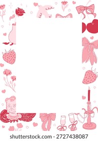 Marco de la Vertical del día de San Valentín con Elementos de doodle románticos y espacio de copia. Vector dibujado a mano ilustración con corazones, lazos, flores para la tarjeta, invitación, cartel, boda y marca