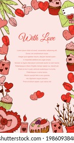 Valentines day vertical greeting card with hand drawn elements. Social media stories template. Vector illustration