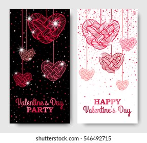 Valentines Day vertical Posters with twisted Red Hanging Hearts. Vector illustration. Glowing Invitation Template.