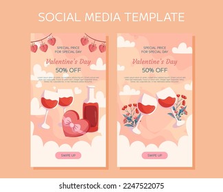 Valentine's Day vertical social media stories template design. Bottle and two glass of wine, box with chocolate in heart shape with ribbon, hearts garland, flowers. Special Price online shopping 