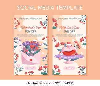 Valentine's Day vertical social media stories template design. Pink open envelop, red flowers green leaves, potion bottle, floral frame. Special Price concept online shopping decorative clouds hearts