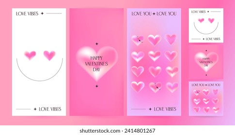 Valentine's Day vertical and square backgrounds set. Trendy gradients posters layout with creative blurry hearts. Social media stories templates for digital marketing and sales promotion. Vector eps10