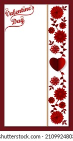 Valentine's Day. Vertical template design with red abstract paper flowers for banners, posters, flyers, greeting cards, social media. Vector illustration isolated on red background