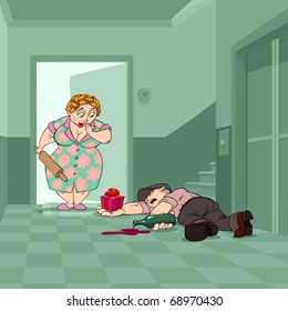 At Valentine's Day a very drunk husband tries to present a gift to his wife, but falls near their flat earlier than she opens the door.