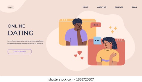 Valentines Day video call, online dating landing page. Young girl and guy in love have a date at a distance, couple talk and flirt by videoconference. Modern trendy illustration in flat cartoon style