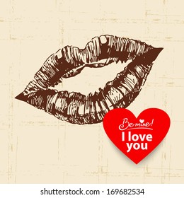 Valentine's Day vintage background. Hand drawn illustration with heart form banner.  Lips 