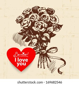 Valentine's Day vintage background. Hand drawn illustration with heart form banner.  Rose bouquet 