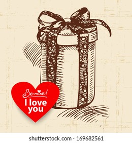 Valentine's Day vintage background. Hand drawn illustration with heart form banner.  Gift box 