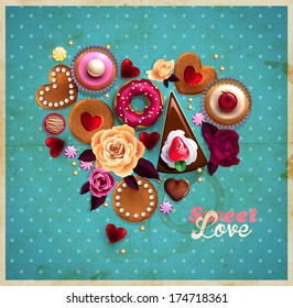 Valentine`s Day vintage background with heart made of   sweets, cupcakes, cookies roses, doughnut, cakes, chocolate,and golden stars. 