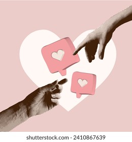 Valentine's day vintage banner template. Halftone hands pointing fingers to 3d message hearts. Concept of vintage collage for Valentine's Day with cut out arms. Vector illustration