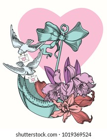 Valentine's day vintage card 
illustration.Isolated on white background.Bouquet of flowers with white flying doves and love letters.Umbrella and flowers inside.Line art style.Romantic heart background