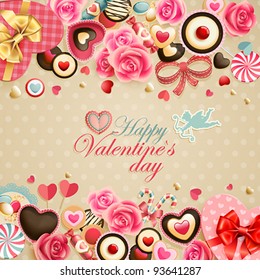 Valentine`s Day vintage card with sweets and place for text.