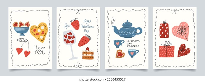 Valentine's day vintage cards, poster set with hand drawn doodle elements. Trendy cute design with wave frames, pizza in heart, gifts, strawberry, bows, sweet cake, cherry. Perfect for cover, banner.