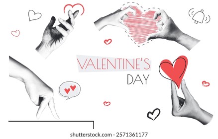 Valentines day vintage collage conception set in retro halftone design. Collection with hands holding different hearts, sentimental and romantic emotion symbols for holiday. Vector illustration.