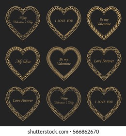 Valentine's Day vintage gold frames on black background