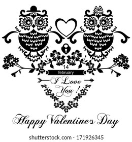 Valentine's Day vintage greeting card with Owls. vector illustration. 