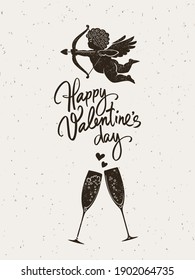 Valentines Day vintage greeting card. Handwritten text, black silhouette of Cupid aiming bow and arrow and two glasses of champagne. Vector illustration isolated on old yellowish paper background