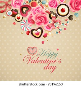 Valentine`s Day vintage lace card with sweets and place for text.