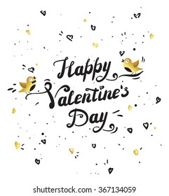 Valentines day vintage lettering background. Greeting card with hearts and birds. Typography.Vector illustration.